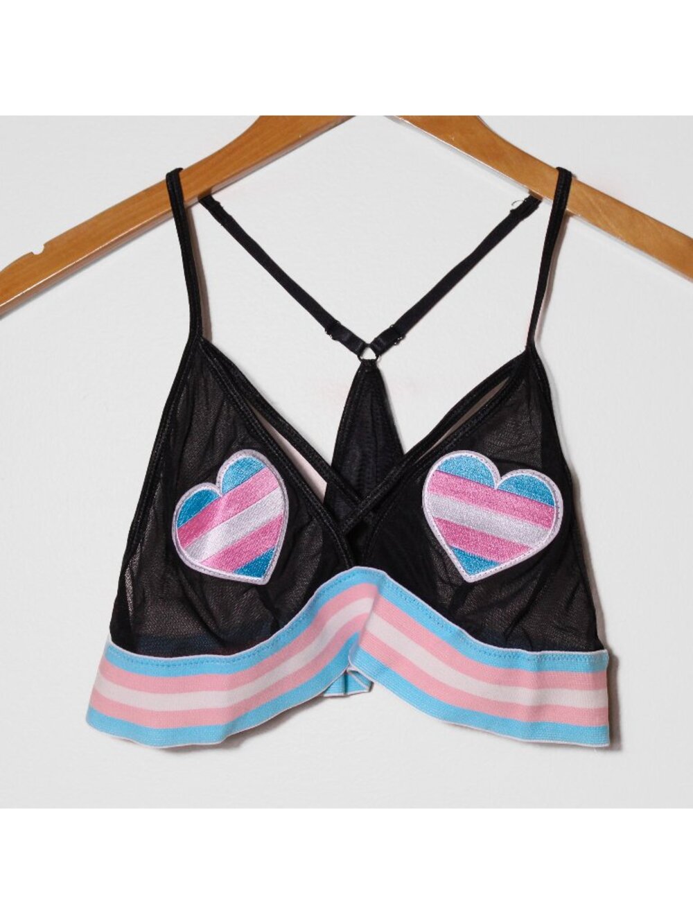 Trans Pride Sheer Mesh Bralette Embroidered Heart Patch Pastie Black Festival XL
